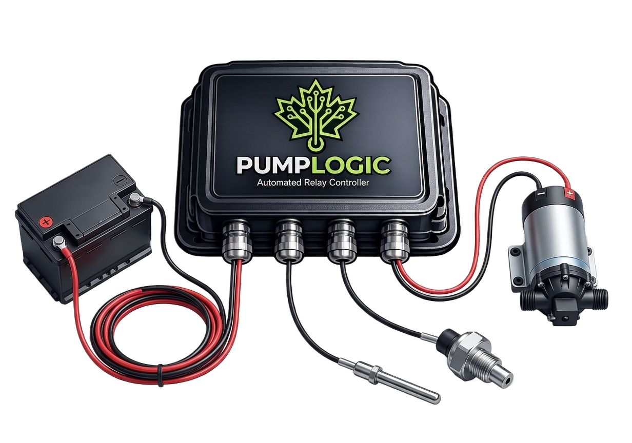 PumpLogic controller wired to a 12V battery, temperature probe, vacuum pressure sensor, and pump